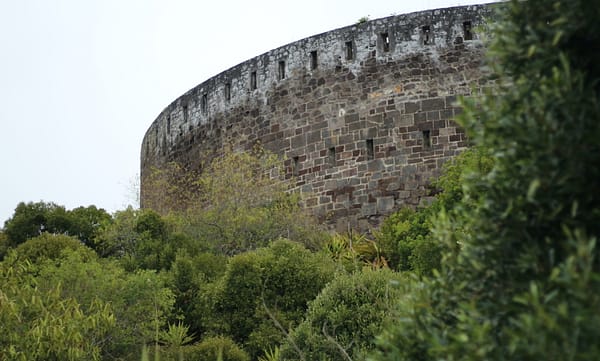 Wall of the High Knoll Fort, a prominent landmark at St Helena Island, South Atlantic Ocean.